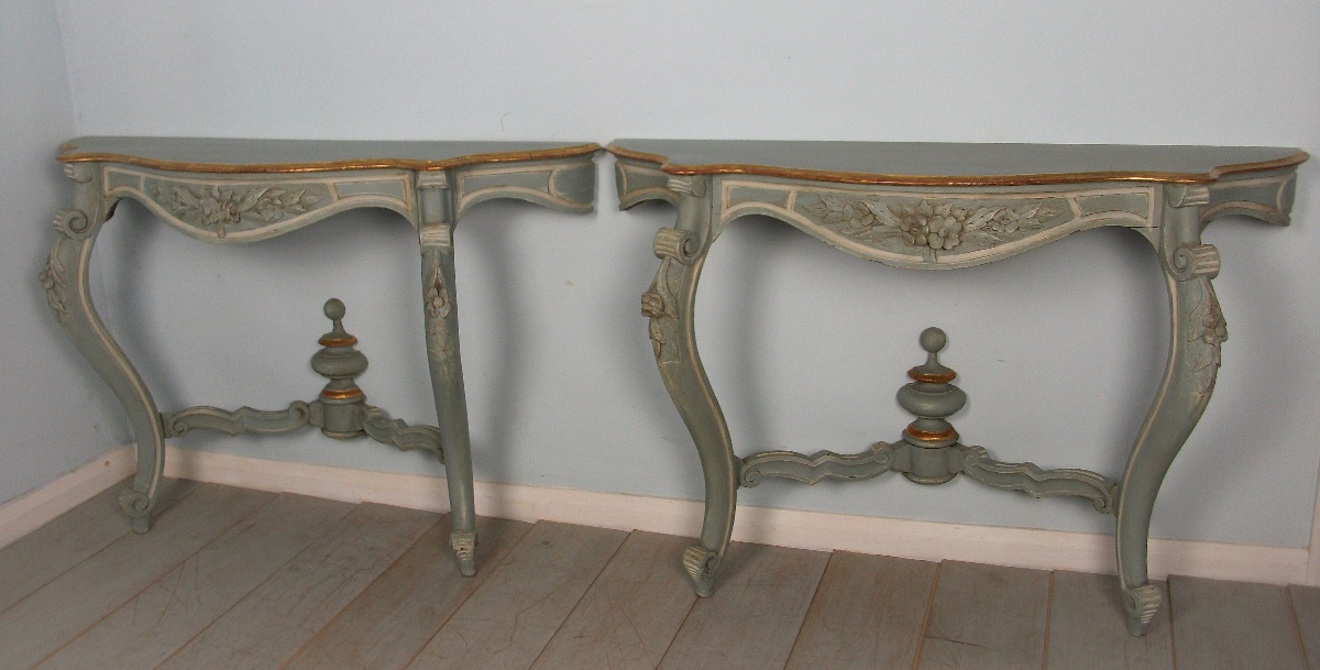 Pair of Painted and Gilded Italian Console Tables